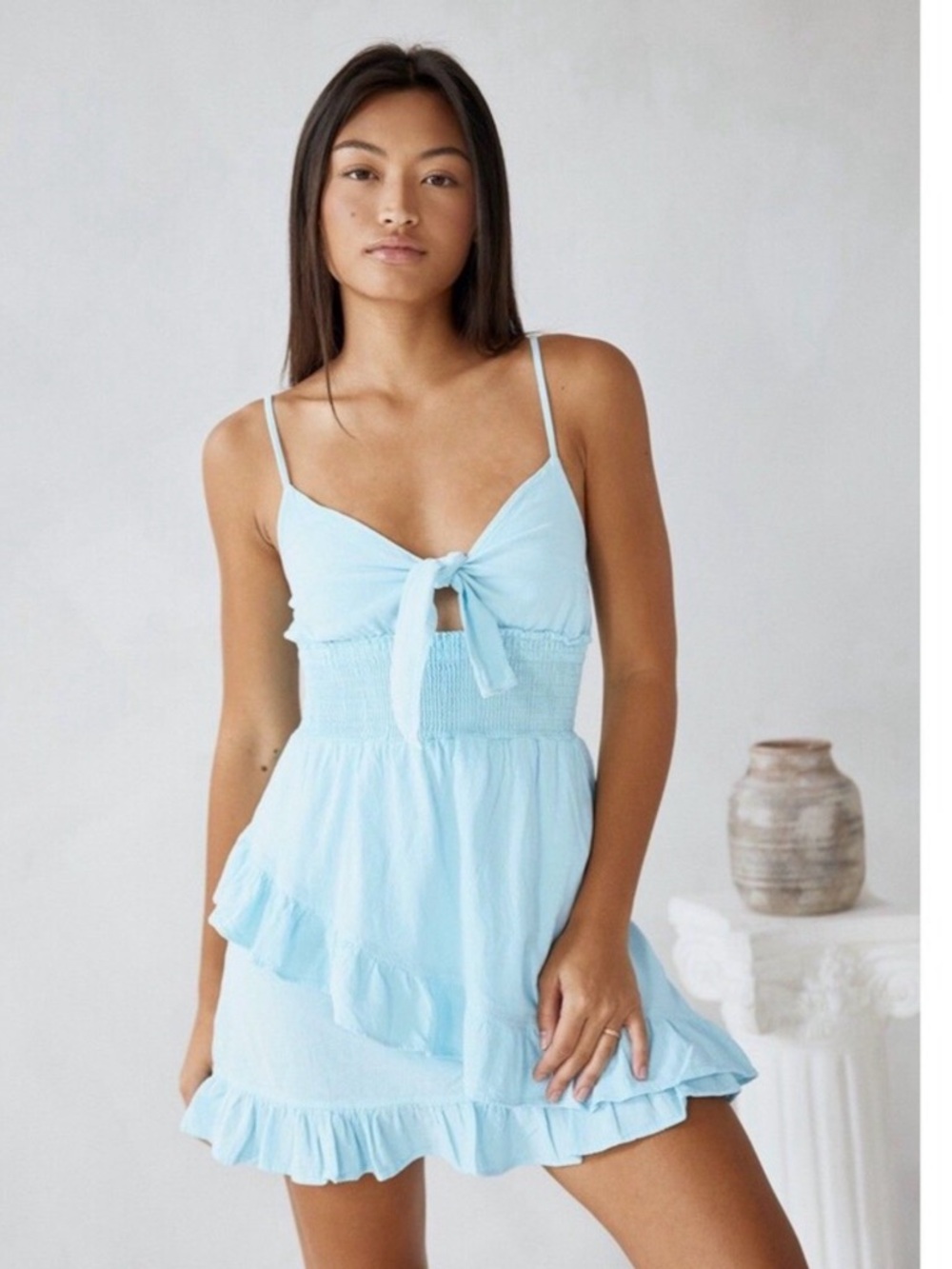 BLANCO by Nature large Sky Blue Tie Front Mini Gauze Cotton Smocked Ruffle dress